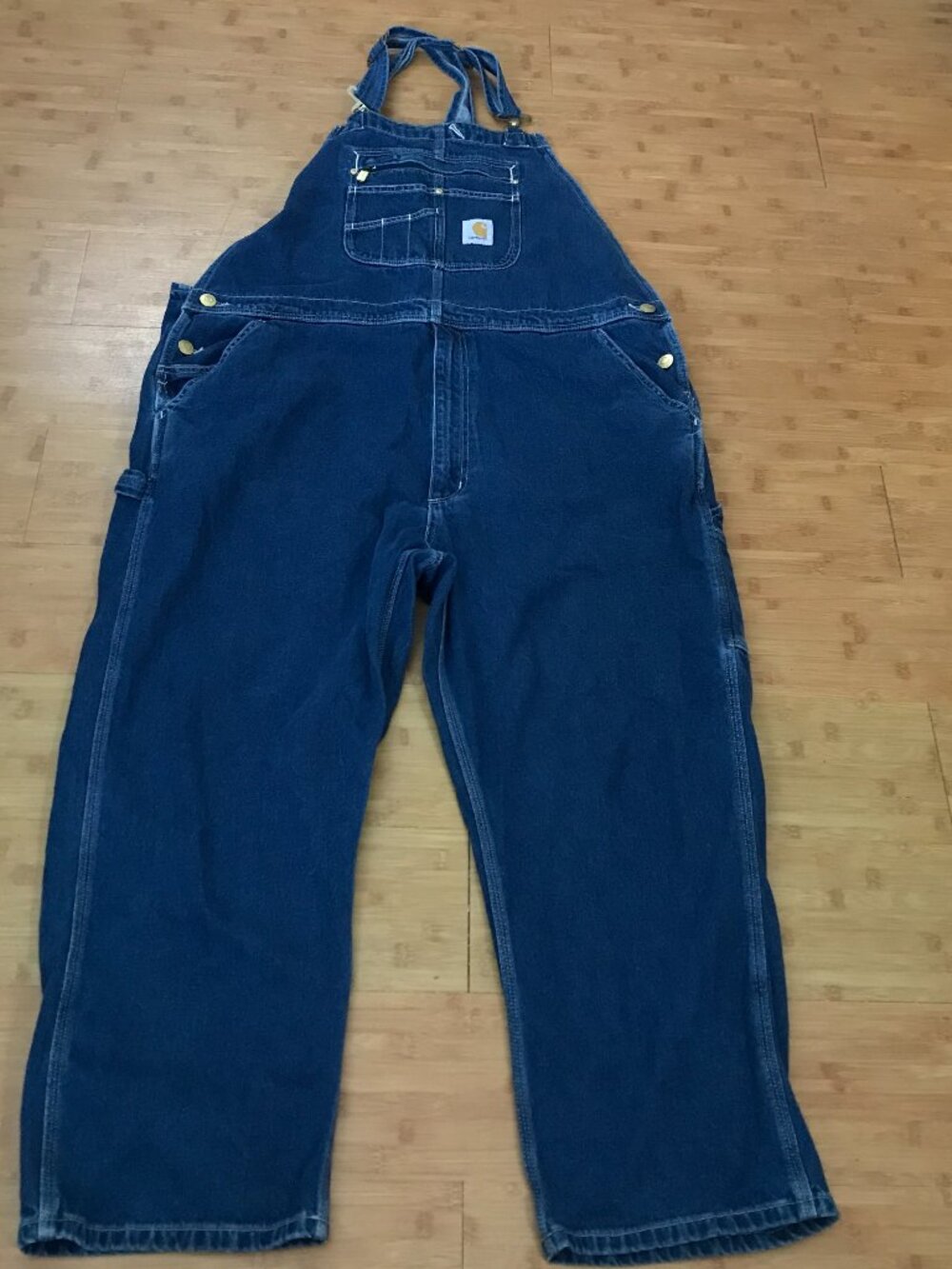 Carhartt Loose Fit Bib Denim Overalls Men 42 Blue Zip Pocket Dark Wash Outdoor